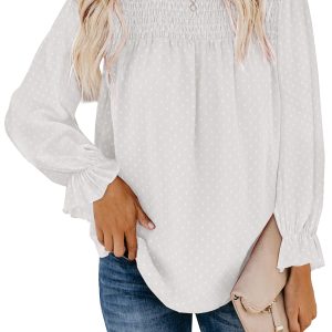 Women's Long Sleeve Blouses Lace Crochet Pom Pom Flowy Shirts Casual Polka Dot Jacquard Layered Ruffled Chiffon Tops