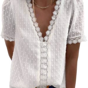 Womens Summer V Neck Lace Tops Crochet Casual Short Sleeve Polka Dot Blouses Shirts White
