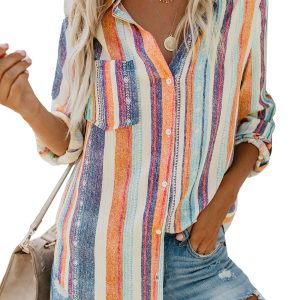 Women's Striped Button Down Shirts Long Roll up Sleeve Tunic Blouses Casual Loose Fit V Neck Work Tops with Pockets US 12-14