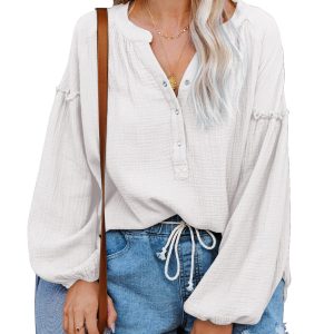Women's Long Sleeve Blouses Button Down Henley Shirts Deep V Neck Lantern Sleeve Tunic Pullover Fall Tops